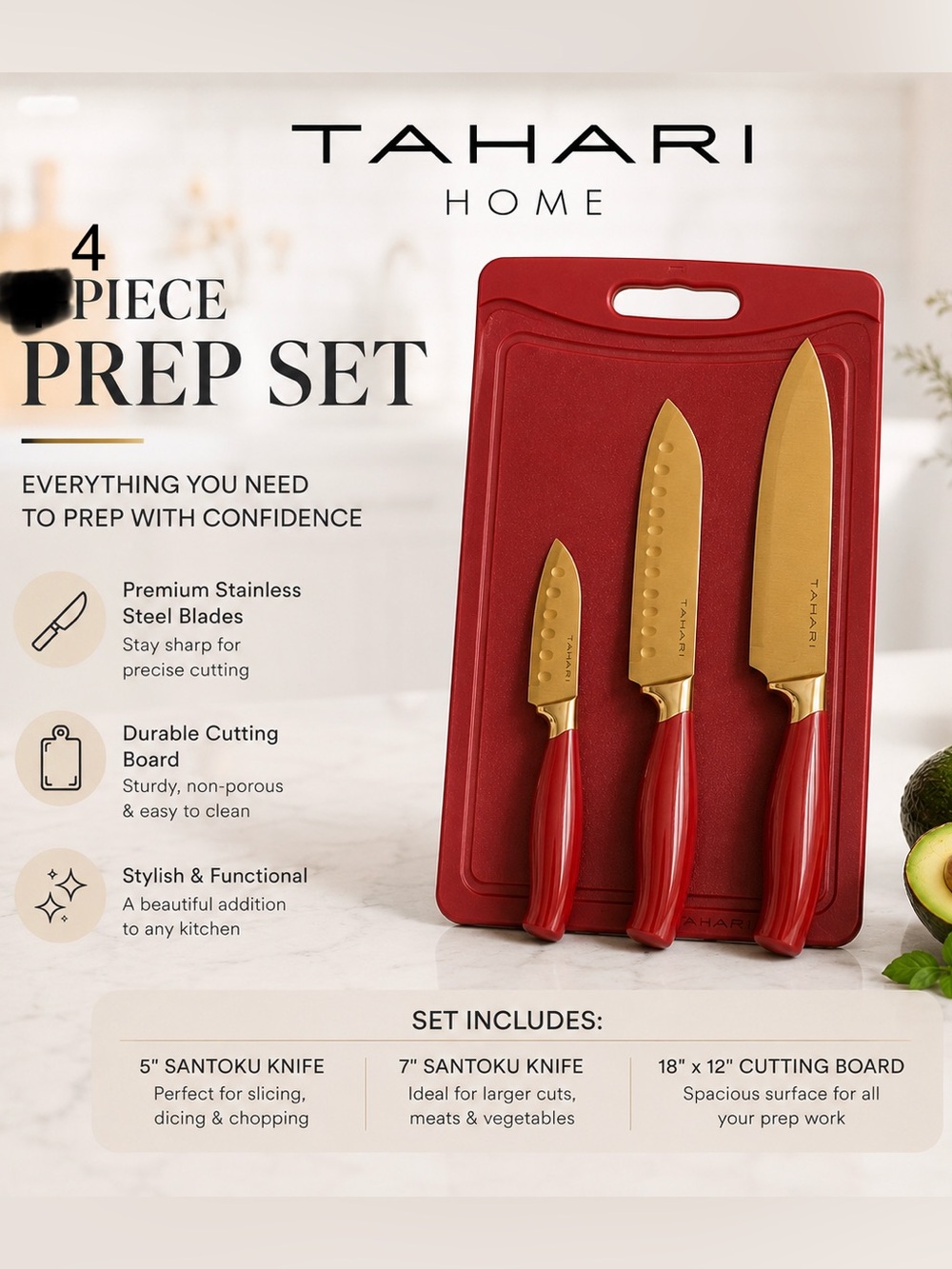 Tahari Home 4-Piece Samon Prep Set with Knives & Cutting Board
